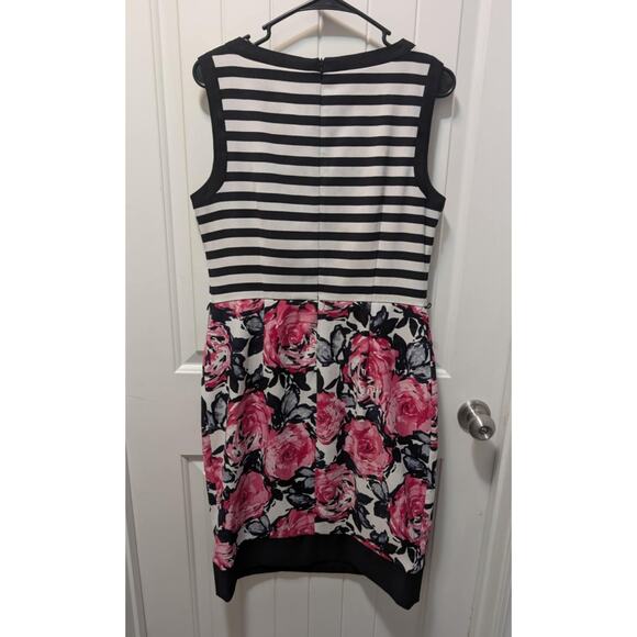 London Times Black Ivory Pink Stripe Rose Print Belt Work Summer Dress Size 12 - Picture 5 of 8